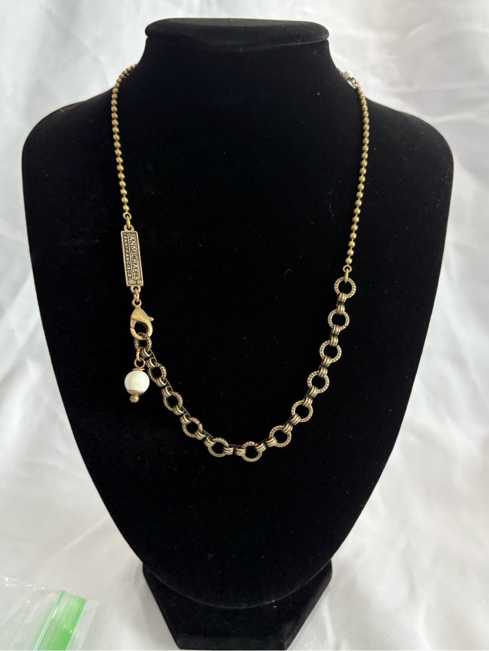Vintage Jan Michaels Brass Beaded Chain Necklace with Pearl Charm
